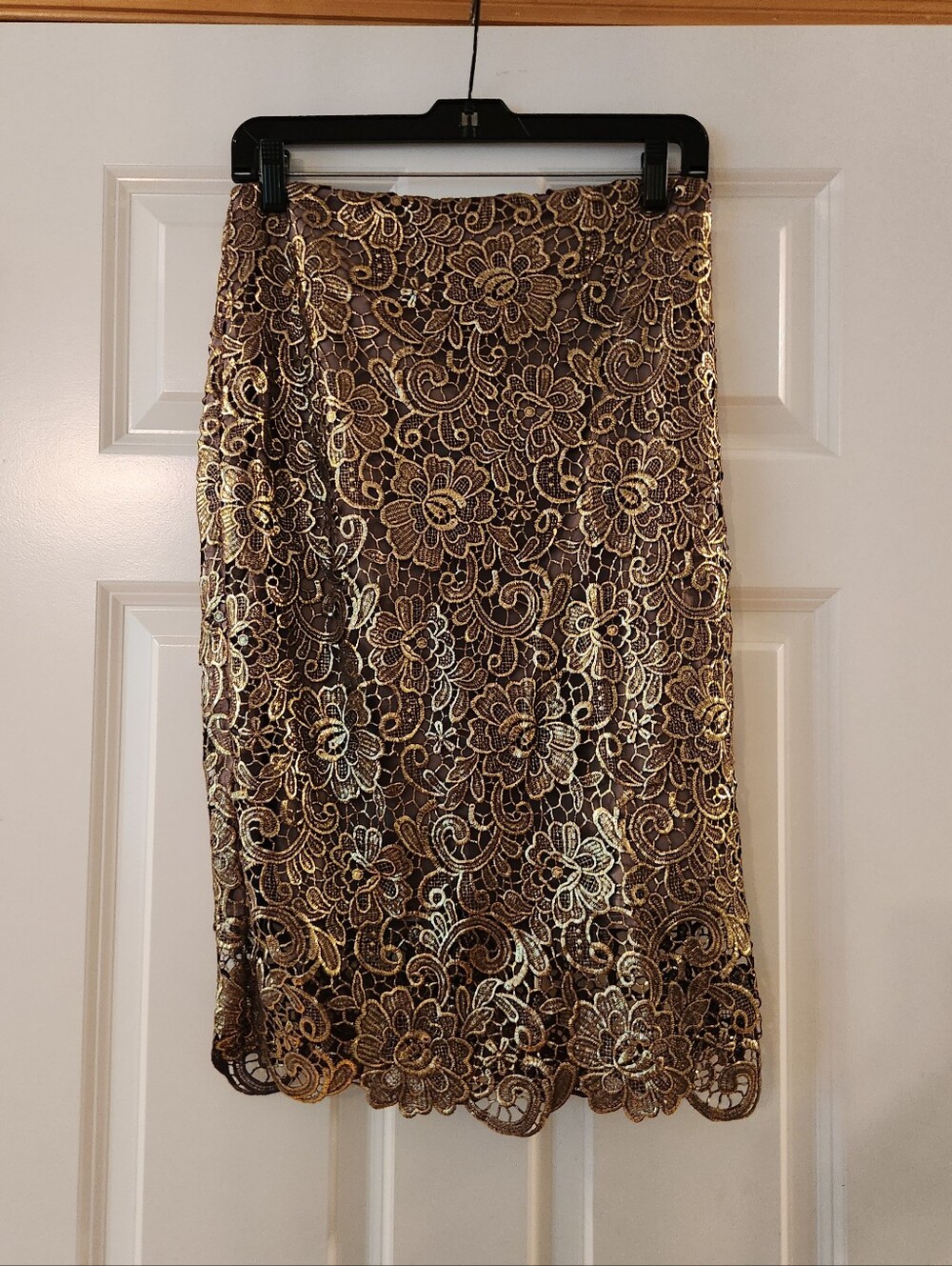 White House Black Market Brown and Gold Floral Lace Midi Skirt